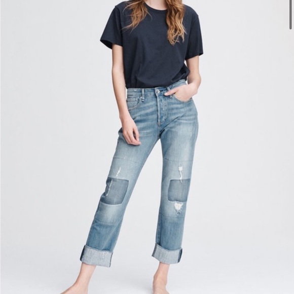 Rag & Bone Rosa Mid-Rise Boyfriend Patchwork Jeans Raw Hem Size 24 Y - Picture 1 of 8
